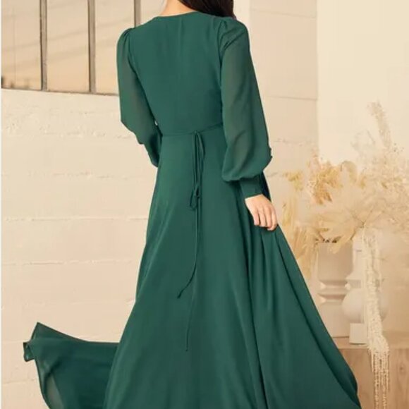 Lulus My Whole Heart Emerald Green Long Sleeve Wrap Dress Formal Party Size L - Picture 2 of 16